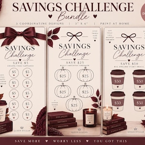May include: A savings challenge bundle featuring three rectangular cards with a cream background and dark maroon text. The cards display savings goals of $5, $25, and $50, using icons like circles, pumpkins, and coffee cups to track progress.