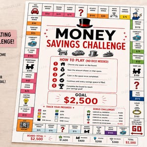 May include: A money savings challenge board game sheet with a white background, red and black text, and colorful property spaces. The center features the title MONEY SAVINGS CHALLENGE, a goal of $2,500, and instructions. Icons include a top hat, car, and train.