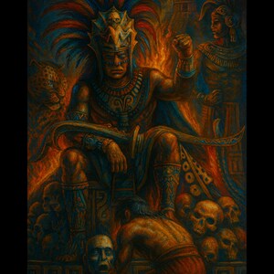 Puede incluir: Representación artística de un gobernante azteca, sentado en un trono, con un tocado de plumas y ropa ornamentada. La obra presenta un jaguar, llamas y figuras en un estilo dramático y colorido. También hay calaveras y una figura arrodillada.