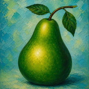 May include: An oil painting of a single green pear with a brown stem and two green leaves. The pear features highlights of yellow and deep green tones. The background is a textured, impasto-style application of light blue and turquoise paint.