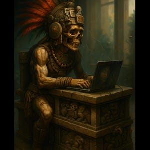 May include: A digital illustration depicts a skeletal figure adorned with an elaborate headdress and jewelry, seated at a desk and using a laptop. The figure's skull is detailed, and the laptop screen displays a portrait. The scene is set in a dimly lit room.