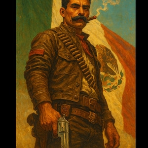 May include: An illustration of Emiliano Zapata, a historical figure, in a brown jacket, holding a pistol and a lit cigar. The Mexican flag is in the background, with the text "EMILIANO ZAPATA" at the bottom.