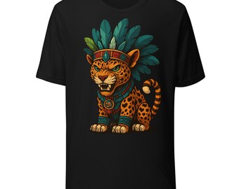 May include: Black t-shirt featuring a cartoon jaguar wearing a feathered headdress and tribal jewelry. The jaguar has orange fur with black spots and is snarling. The headdress is teal and green.