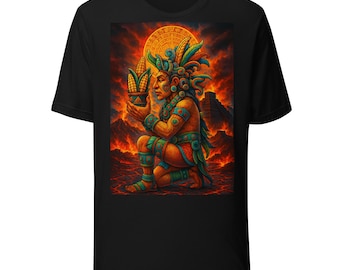 May include: Black t-shirt featuring a colorful illustration of a kneeling figure in traditional garb, holding corn. The background depicts a fiery landscape, a pyramid, and a sun-like design. The artwork is vibrant and detailed.