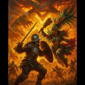 May include: An epic painting depicts a battle scene with a conquistador in armor wielding a sword and shield, facing a warrior with a feathered headdress and a spiked club. The background features a fiery, ominous sky and additional figures.