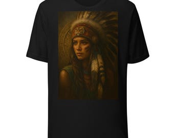 Puede incluir: Camiseta negra con un retrato de una mujer nativa americana con un tocado de plumas. La obra de arte es detallada, con tonos cálidos y detalles intrincados en el tocado y la pintura facial. La camiseta está hecha de un material suave.