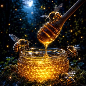 Peut inclure: Un pot en verre transparent avec un motif en nid d'abeille rempli de miel doré, accompagné d'une cuillère à miel en bois laissant couler le miel. Trois abeilles sont positionnées autour du pot et de la cuillère dans une forêt sombre.