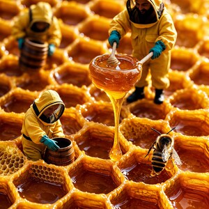以下が含まれることがあります： 暗いベールと青緑色の手袋を着用した黄色い養蜂防護服姿の3体のミニチュアフィギュアが、大きな黄金色のハチの巣の上で作業しています。1体のフィギュアは木製のハニーディッパーを持っており、そこから液体状の蜂蜜が滴り落ちています。
