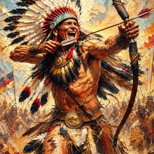 May include: An oil painting depicting a warrior wearing a large, multi-coloured feathered headdress and a gold belt buckle, drawing a wooden bow with an arrow. The figure is surrounded by other warriors in a textured, impasto-style battle scene.
