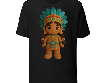 May include: Black t-shirt featuring a cartoon illustration of a Native American doll. The doll wears a teal feather headdress, gold earrings, and a detailed outfit with orange and teal accents. The design is centered on the shirt.