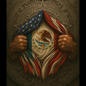 Puede incluir: Una representación artística de la bandera mexicana revelada entre la bandera estadounidense, sobre un fondo de una antigua escultura de piedra. La bandera mexicana presenta un emblema de águila, mientras que la bandera estadounidense muestra estrellas y rayas.