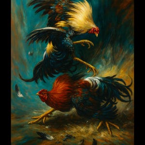 May include: An artistic painting depicts two roosters in a dynamic pose, with feathers scattered around. The top rooster has a yellow head and black and blue feathers. The bottom rooster is red with blue and black feathers. The background is a mix of teal, brown, and gold.