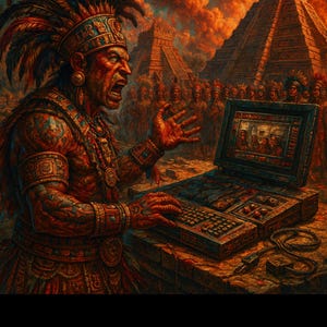 May include: An artistic depiction of an ancient Mayan leader, adorned in ceremonial attire, passionately addressing a crowd. He is interacting with a detailed, aged laptop, set against a backdrop of pyramids and a fiery sky. The image blends historical and modern elements.