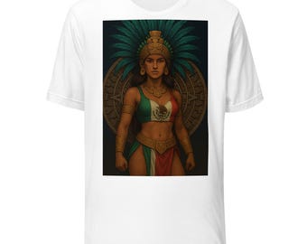 Puede incluir: Camiseta blanca con un gráfico colorido de una mujer vestida con atuendo tradicional mexicano. El diseño incluye un tocado, joyas y una parte superior y falda con los colores de la bandera mexicana. Un calendario azteca está en el fondo.