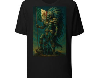 May include: Black t-shirt featuring a detailed illustration of a skeletal figure in Aztec attire, holding a Mexican flag and a leash attached to a black dog. The figure is adorned with a feathered headdress and intricate armor. The artwork has a vibrant color palette.