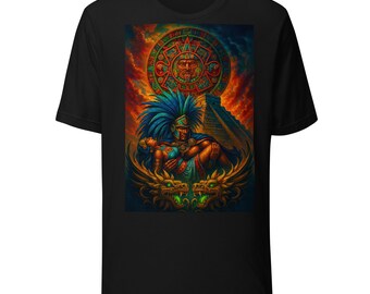 May include: Black t-shirt featuring a vibrant Aztec-inspired graphic. The design includes a detailed depiction of an Aztec warrior carrying a figure, set against a backdrop of a pyramid, a sun calendar, and a fiery sky. The graphic is framed by two green dragon heads.