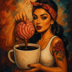 May include: An oil painting of a person with dark hair wearing a red bandana and hoop earrings, featuring a rose tattoo on their arm. They are holding a pink concha pastry over a large white mug filled with dark coffee, set against a textured background.
