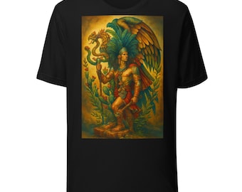 May include: Black t-shirt featuring a vibrant illustration of a figure holding a staff with a serpent, adorned with a feathered headdress and cape. The artwork includes an eagle, cactus, and lush foliage, creating a detailed and colorful design.