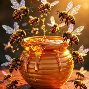 May include: A round, ribbed ceramic honey pot filled with golden liquid honey that drips down the sides. Numerous honeybees with iridescent, translucent wings hover around the pot, while small, colorful, sparkling gems are scattered below.