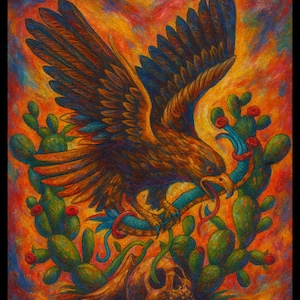 May include: A vibrant painting depicts a brown eagle with outstretched wings, clutching a snake in its beak. The eagle is surrounded by green cacti with red flowers, a skull, and a colorful, textured background in shades of orange, red, and blue.
