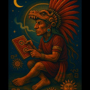 May include: An illustration of a person in a red tunic and feathered headdress, holding a book. The background is a dark blue night sky with a crescent moon, stars, and sun symbols. The person is smoking and has turquoise jewellery.
