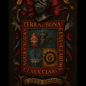 May include: An ornate heraldic crest illustration featuring a knight's helmet. The crest is divided into four sections, each with a different image, including a smiling flame and a bee in a gear. The crest has the words "TERRA, BONA", "AQUA", "GENS CLARUM", "CLARA, CLARUM", and "LESTA ETARUM".
