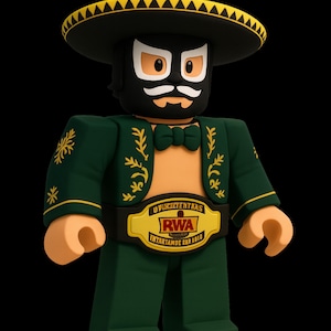 May include: A stylized figurine of a luchador wrestler wearing a black mask, sombrero, and green jacket with gold accents. The figure has a championship belt with the text "RWA INTARTANDE BAR 2016".