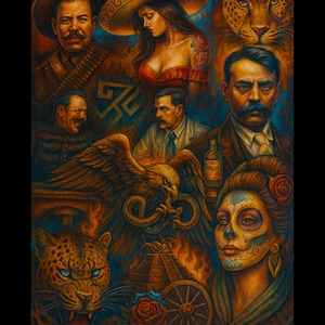 May include: A vibrant, detailed painting featuring multiple portraits and cultural symbols. The artwork includes images of people wearing sombreros, a woman with a floral face design, jaguars, an eagle with a snake, and a pyramid. The color palette is rich with warm tones.