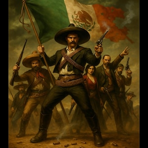 May include: An artistic depiction of a group of people, some holding guns, and a Mexican flag. The central figure wears a large hat and holds a gun and the flag. The image has a dramatic, historical feel.