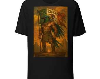 May include: Black t-shirt featuring a detailed illustration of a bird-headed warrior holding a Mexican flag. The flag displays the word "Mexicano" and the Mexican coat of arms. The warrior stands in front of a sunset-colored sky and ancient pyramids.