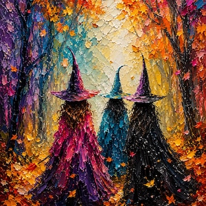 May include: An oil painting with thick impasto texture depicting three figures wearing pointed hats and long cloaks in purple, blue, and black. They stand in a forest with vibrant autumn foliage in shades of orange, yellow, and red.