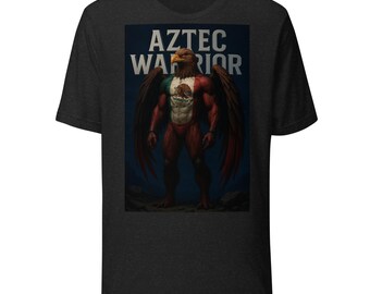 May include: Dark gray t-shirt featuring a graphic of an Aztec warrior with eagle wings and the Mexican flag on its chest. The text "AZTEC WARRIOR" is printed above the image in white. The shirt is made of a soft material.