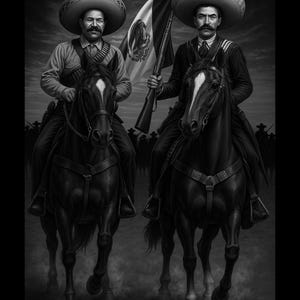 May include: Black and white illustration of two men on horseback, wearing large sombreros and military attire. One holds a Mexican flag and a rifle. The horses are dark, and the background shows a blurred crowd, suggesting a historical or patriotic theme.