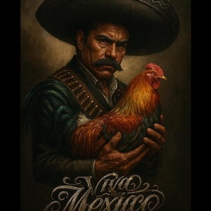 May include: A portrait of a man wearing a large sombrero and holding a colorful rooster. He has a dark mustache and is dressed in a dark jacket with a bandolier. The words "Viva Mexico" are written in elegant script at the bottom.