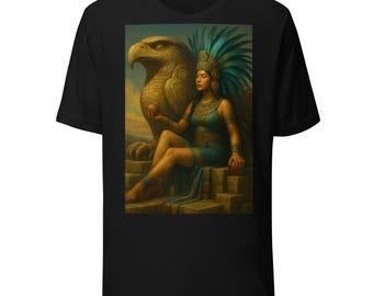 Puede incluir: Camiseta negra con un gráfico detallado. Representa a una mujer con ropa turquesa, sentada junto a una estatua de águila dorada. La mujer lleva un tocado y joyas. La obra de arte tiene un estilo vintage y artístico.