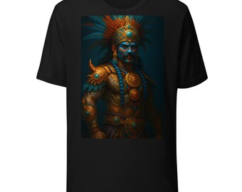 May include: Black t-shirt featuring a detailed illustration of a regal figure adorned with a feathered headdress, gold armor, and turquoise accents. The artwork depicts a person with blue face paint and a mustache, set against a dark blue background. The design is centered on the shirt.