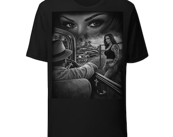 Lowrider Amor Chicano - Arte Noir Urbano und Blanco y Negro Estilo Callejero Unisex T-Shirt