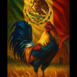 Può includere: Un dipinto vibrante di un gallo con piumaggio blu, giallo e rosso in piedi in un campo di grano. La bandiera messicana fa da sfondo, con un fienile sullo sfondo. Il gallo è il punto focale dell'opera d'arte.