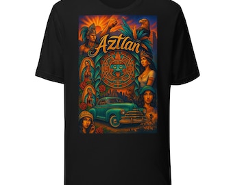 May include: Black t-shirt featuring a vibrant graphic with the word "Aztlan" in a stylized font. The design includes images of people, an eagle, a vintage car, and a calendar wheel, all in a colorful, artistic style.