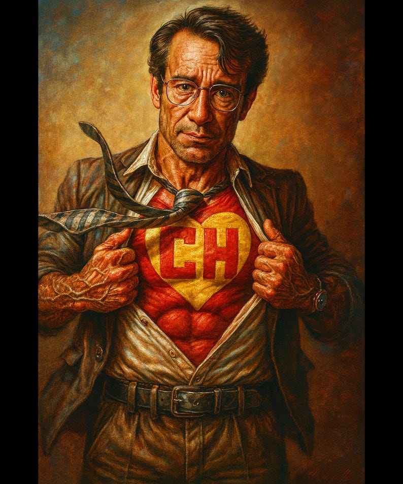May include: A portrait of a man in a brown suit and glasses, revealing a red shirt with a yellow heart-shaped emblem with the letters "CH". The man is pulling open his shirt, with a tie around his neck.