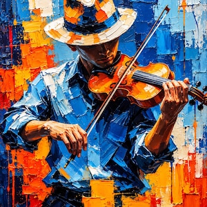 Könnte beinhalten: Ein Ölgemälde eines Musikers, der einen Fedora-Hut mit orangefarbenen und blauen Mustern trägt und eine hölzerne Geige spielt. Der Musiker trägt ein blaues Hemd. Der Hintergrund besteht aus dicken, strukturierten Pinselstrichen in Blau und Orange.