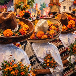 May include: An oil painting depicting three figures wearing wide-brimmed hats adorned with vibrant orange marigold flowers. The figures wear white shirts and striped shawls, holding bouquets of orange flowers against a background of a town square.
