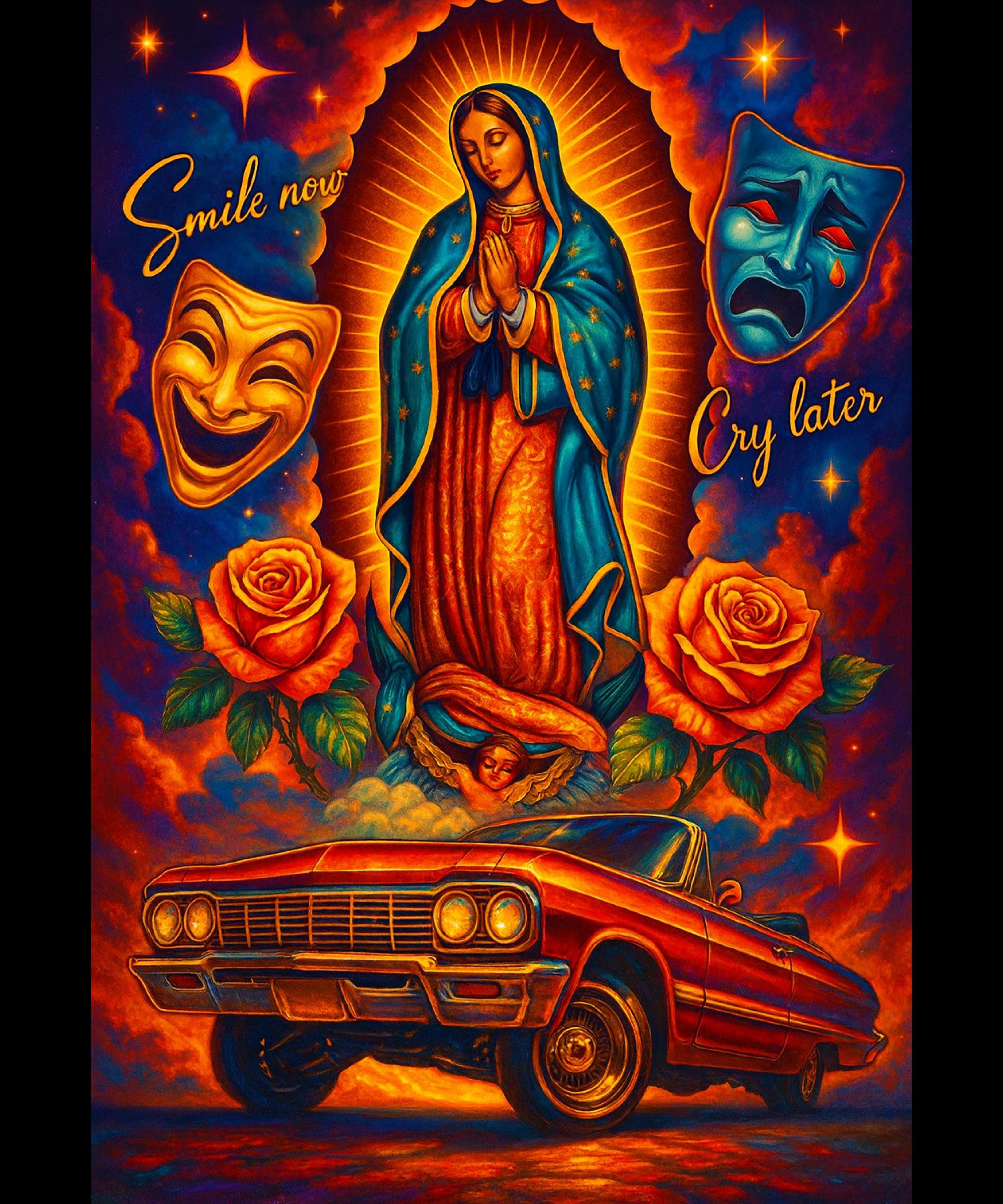 Virgen De Guadalupe Lowrider Chicano Art Smile Now Cry Later Roses ...