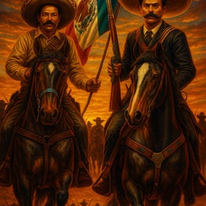 May include: An artistic depiction of two men on horseback, wearing large sombreros and holding a Mexican flag and a rifle. The background features a sunset and silhouettes of soldiers, evoking a historical or patriotic theme.