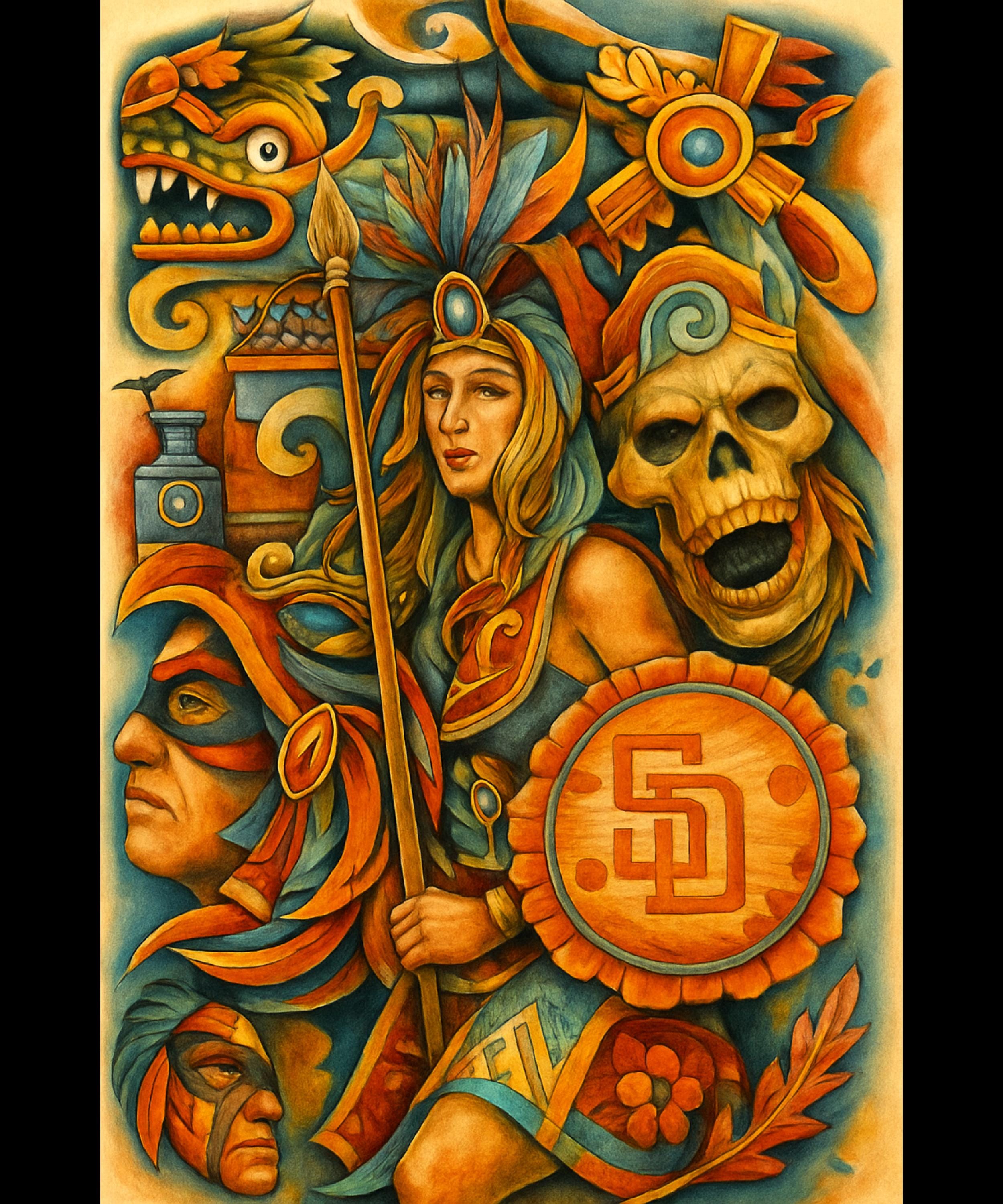 Aztec Warrior Goddess Collage Art Print, Mesoamerican Woman With Skull ...
