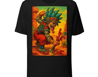 May include: Black t-shirt featuring a colorful illustration of a fierce warrior in a desert landscape. The warrior is depicted with green hair, a red headdress, and red clothing, holding weapons. The artwork has a vibrant, cartoonish style.