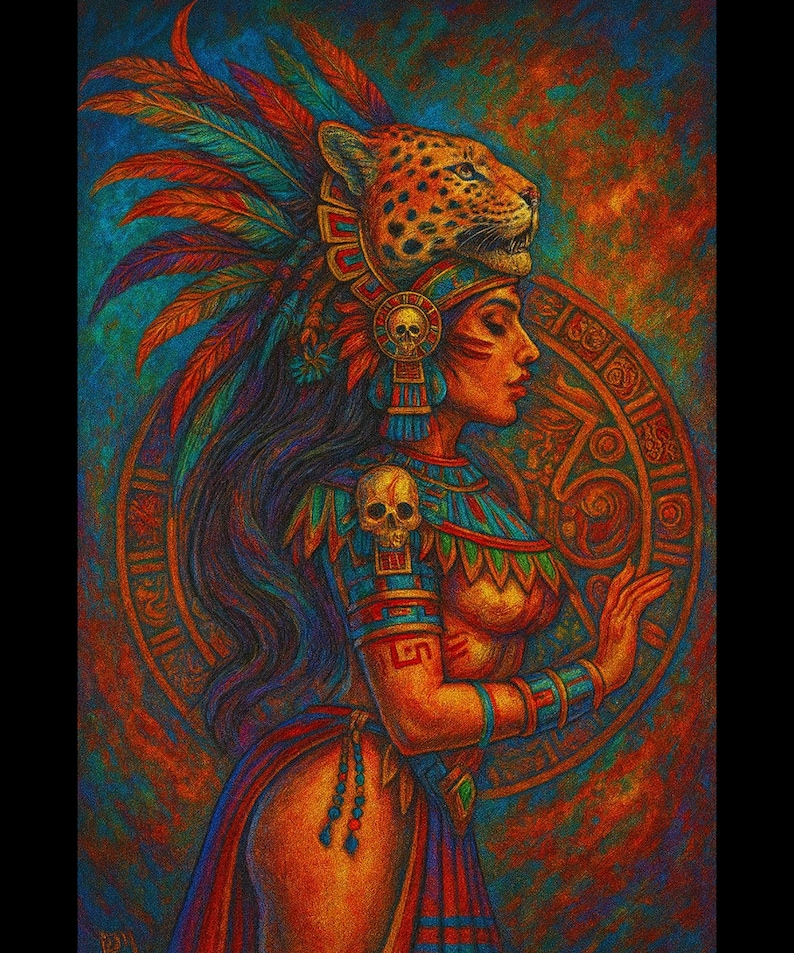 Aztec Jaguar Goddess Art Print, Aztec Woman With Jaguar Headdress ...
