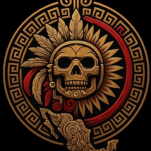 Op de afbeelding: Een gedetailleerd, goudkleurig Azteeks schedelontwerp met veerelementen en een rood cirkelvormig element. Het ontwerp is geplaatst tegen een zwarte achtergrond, met ingewikkelde patronen.