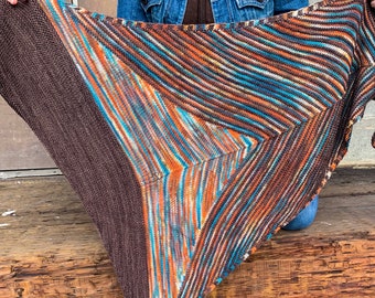Shawl knitting pattern, stripes and short rows, unique shaping, side-to-side triangle