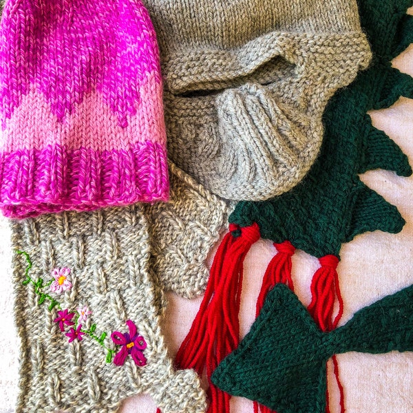 Fairy Tale 4-pattern bundle, kids' knitting patterns, 2 hats, 2 scarves, prince, princess, dragon - costume, cold weather